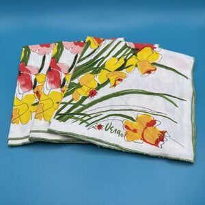 Vintage 70s Vera Neumann Napkins Yellow Daffodil Ladybug Set 3 Cloth Fabric
